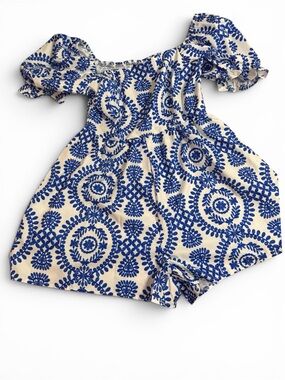 SHEIN Blue White Smocked Puff Sleeve Romper Size Large Cottagecore Coastal Summe